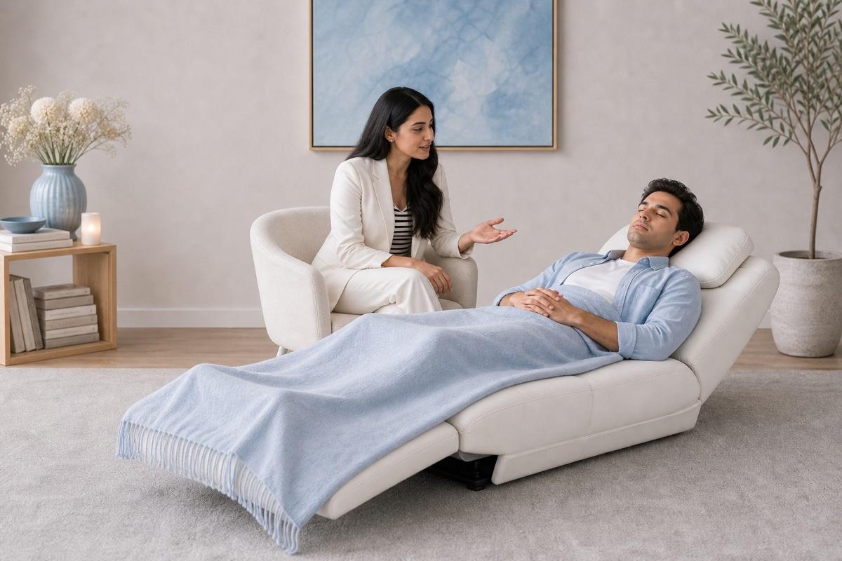 Anubha speaking close beside a client resting with closed eyes in a nearly flat white recliner