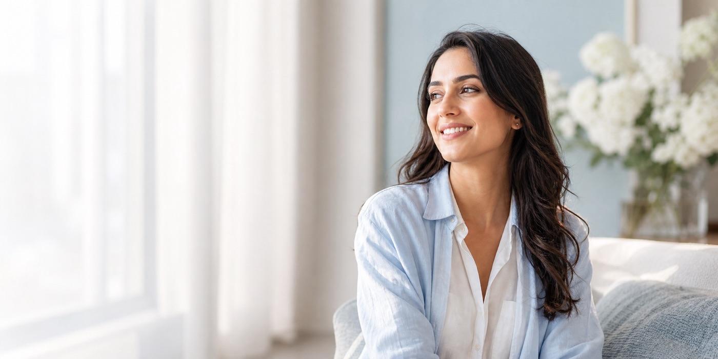 Relaxed smiling woman wearing a white shirt and light blue layer in a bright room