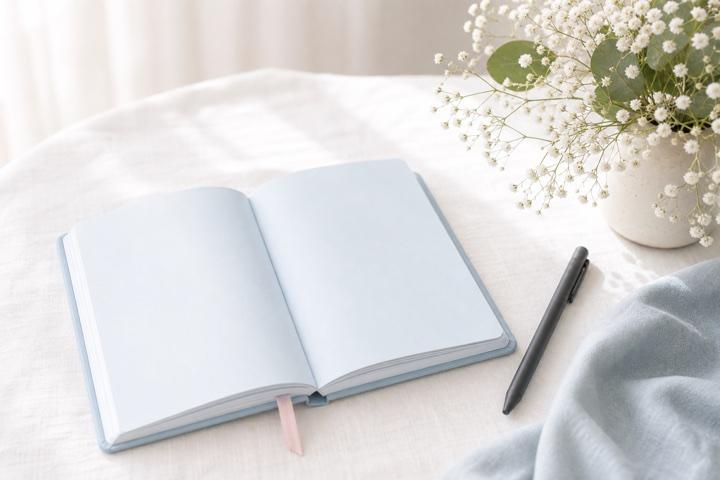 Open journal, pen and white flowers in soft morning light
