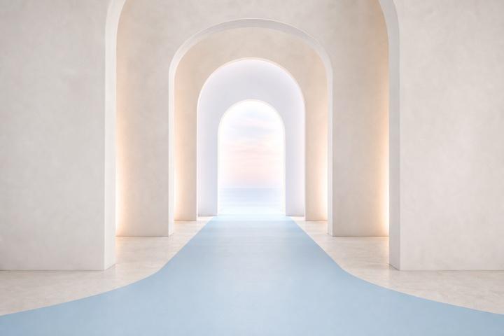 Open archways and a pale blue path leading toward a bright horizon